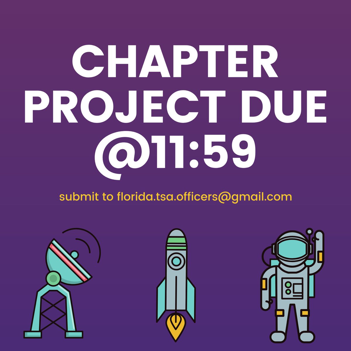 Florida TSA (@fltsa) on Twitter photo Your chapter project is due tonight at 11:59! Submit your project to florida.tsa.officers@gmail.com Your chapter project is due tonight at 11:59! Submit your project to florida.tsa.officers@gmail.com