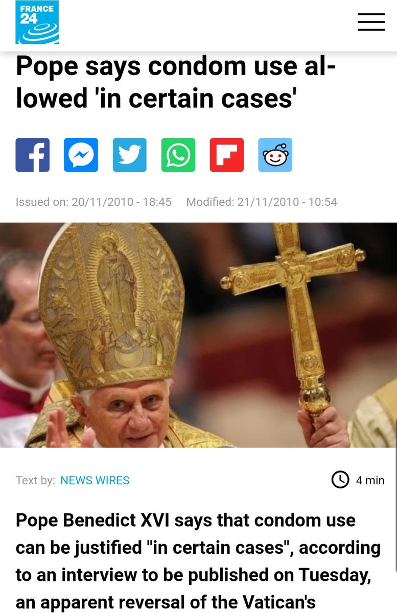 In 2010, it was reported around the world that Pope Benedict had blessed the use of condoms (especially for male prostitutes apparently) The Vatican rectified quickly thr next day and most people now forget the story A strong statement is needed for this too. Fast.