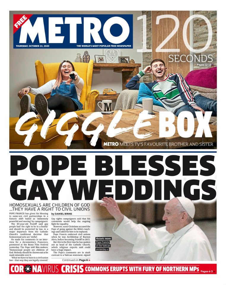 The lack of communication is key The UK papers will lead with this tomorrow, even though Pope Francis has called same sex marriage being one of & #39;incongruity& #39; Either the Vatican starts becoming efficient, or these disasters will multiply