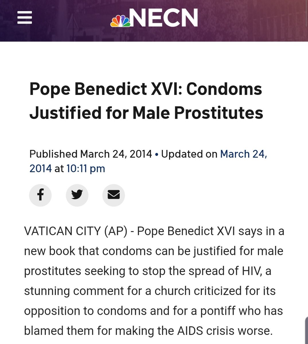 In 2010, it was reported around the world that Pope Benedict had blessed the use of condoms (especially for male prostitutes apparently) The Vatican rectified quickly thr next day and most people now forget the story A strong statement is needed for this too. Fast.