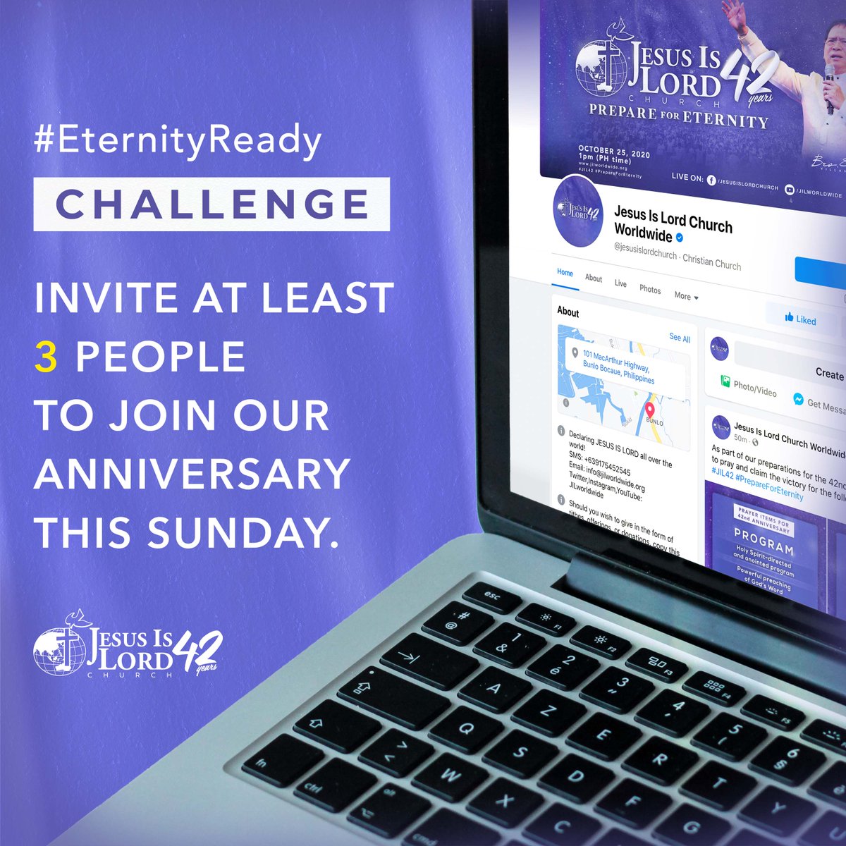 JILWorldwide's tweet photo. Our 3rd #EternityReadyChallenge:

This time, let us help others #PrepareForEternity. Invite your friends and family members this coming Sunday to our 42nd anniversary celebration, LIVE on our Facebook page, YouTube channel and @LightTVGcob. Tag them down below 👇🏼 #JIL42 https://t.co/pxnv1TZdT2