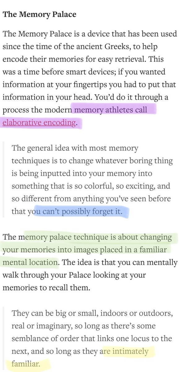 Here’s the research from Joshua Foer, a former world memory champion.• Memory champions rely upon visual memory and spatial navigation.• By building a memory palace, you can place abstract ideas in familiar places, which helps you remember them. (h/t  @farnamstreet)