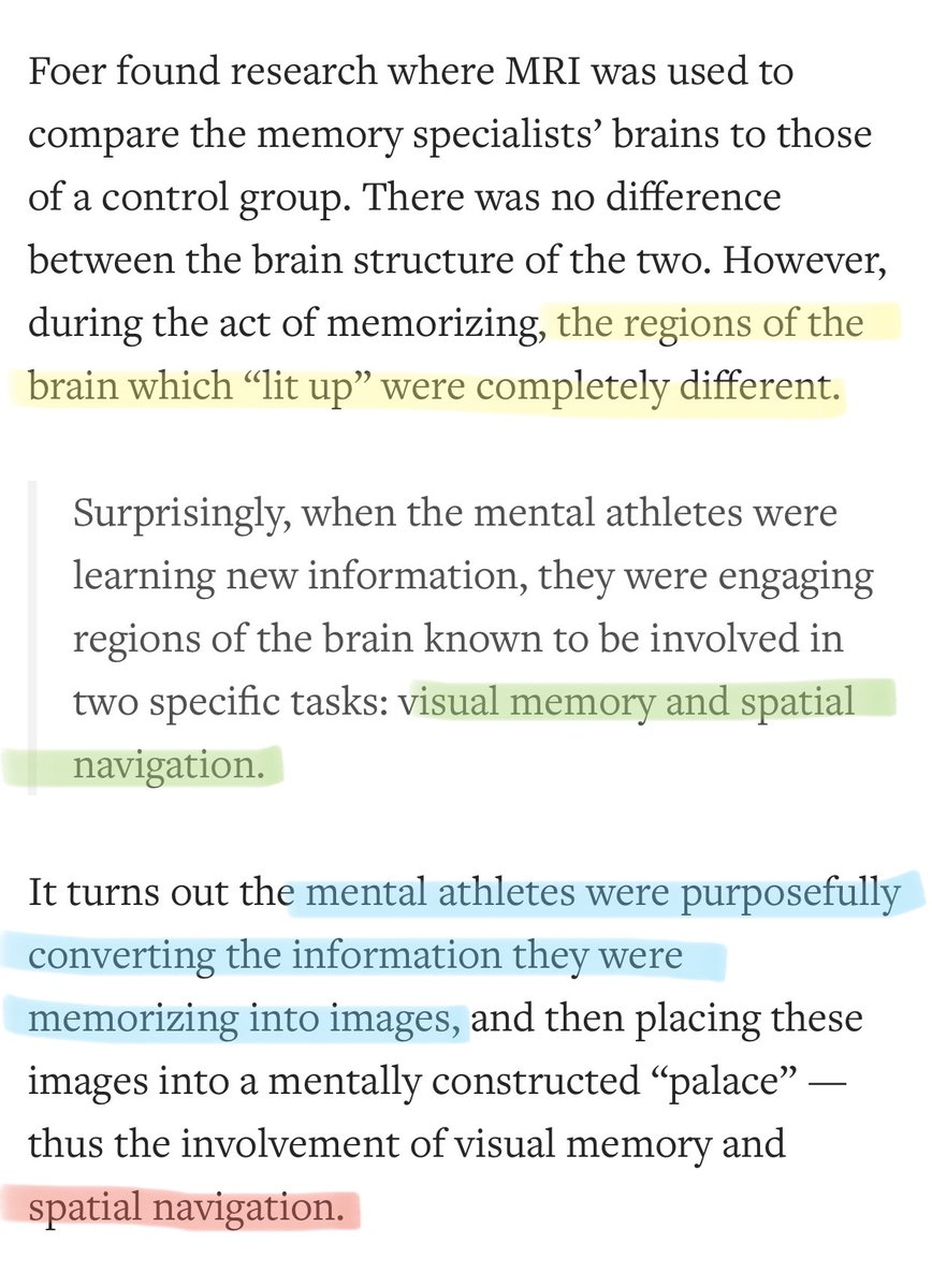 Here’s the research from Joshua Foer, a former world memory champion.• Memory champions rely upon visual memory and spatial navigation.• By building a memory palace, you can place abstract ideas in familiar places, which helps you remember them. (h/t  @farnamstreet)