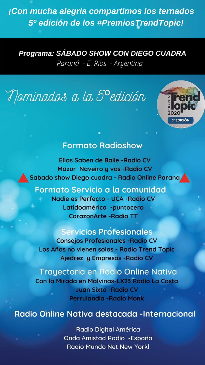 radionlineparan's tweet image. 👏👏𝙎ábado Show con @diegocuadra1  Nominados a los Premios  @TrendTopicOk  🎧🎙
l sábado 21 de noviembre a las 22hs en vivo!
.

#PremiosTrendTopic #LaFiestadelasRadiosOnline #FAP #FestivalArgentinodePodcast #TernadosTT #PremiosTT #NocheTT #radialistas#podcasters #CulturaDigital