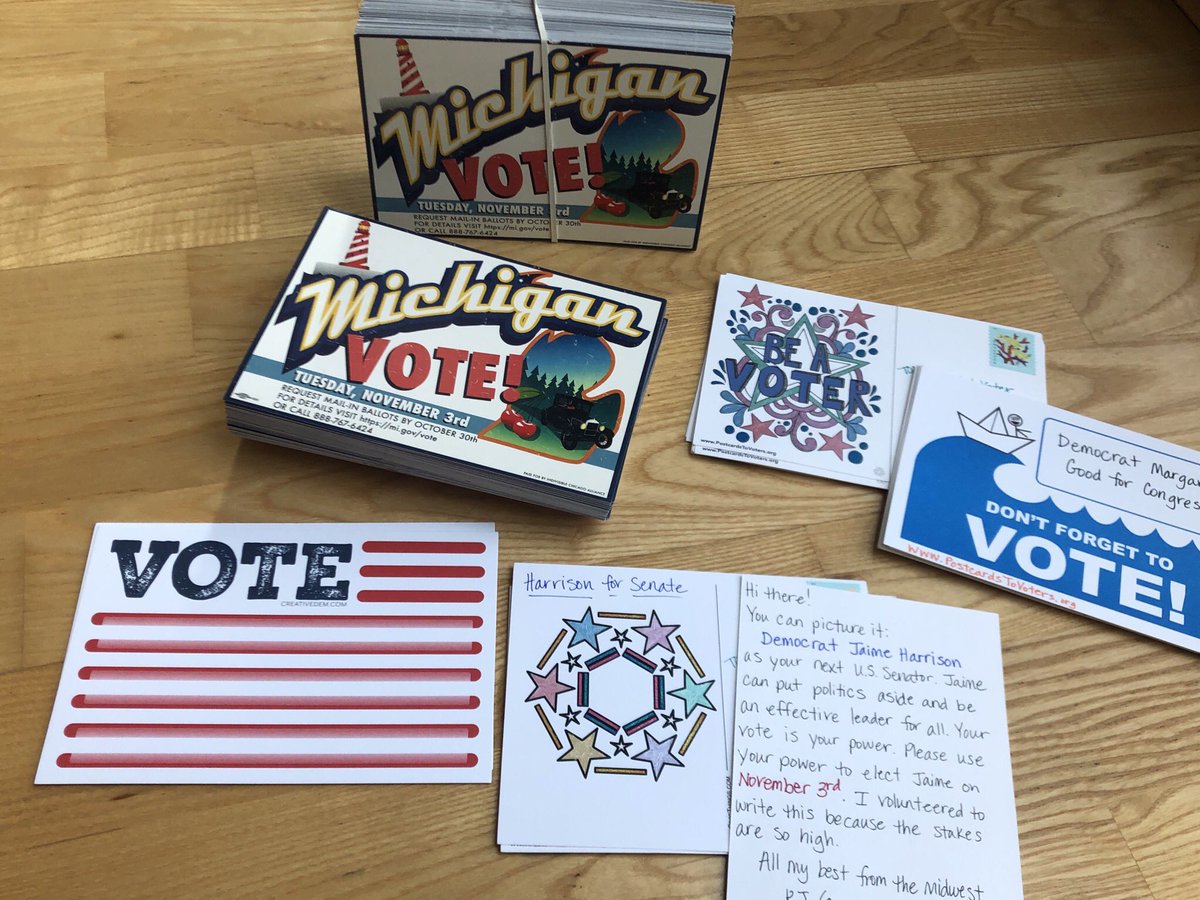 Today I mailed 200 @Postcards2WI to Michiganders, a bunch of #PostcardsToVoters for @harrisonjaime and a few for @GoodforFlorida for good measure.  13 days and counting! #gotv #cantstopwontstop