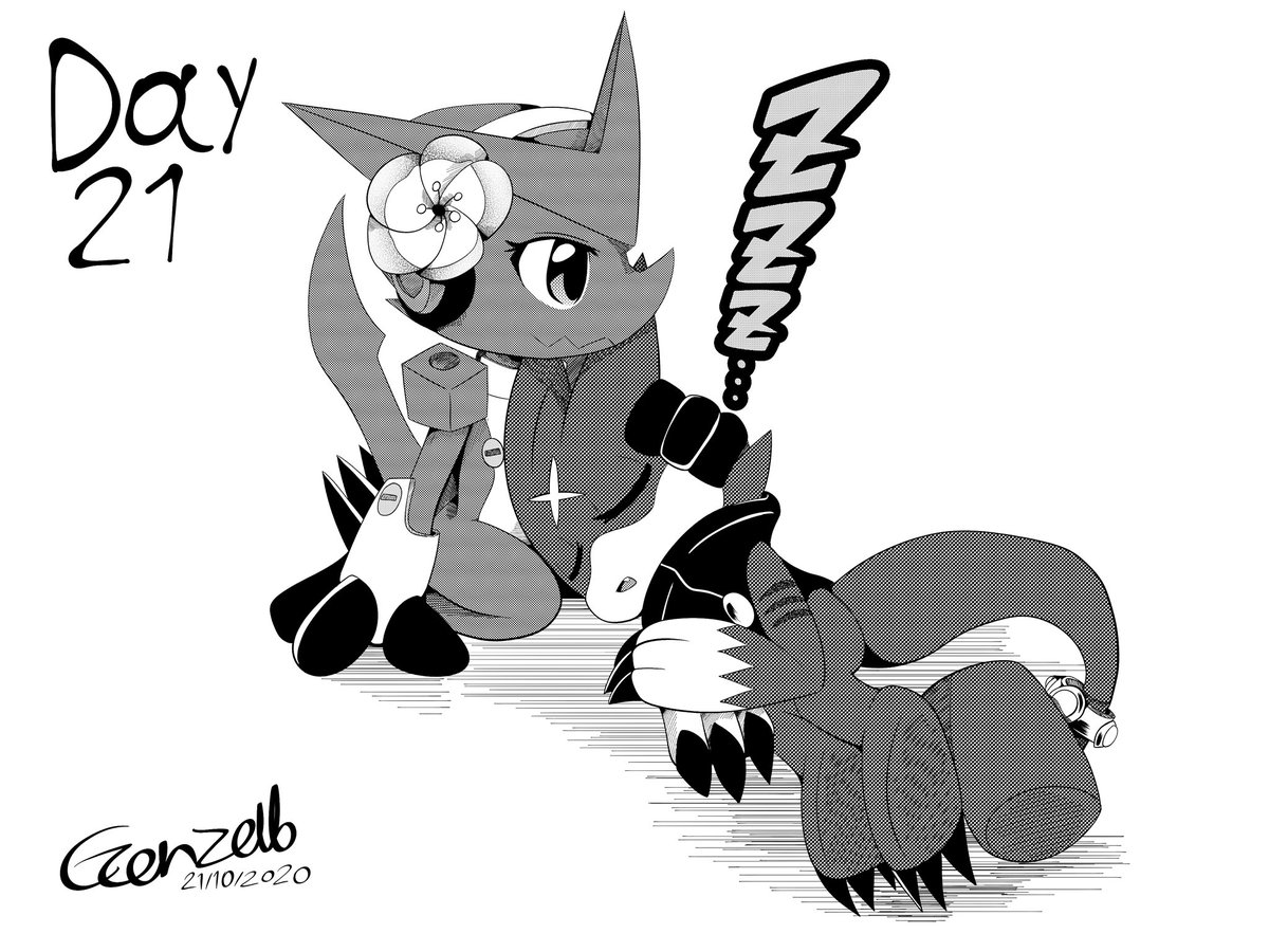 Inktober Day 21 Sleep Gumy the gumdramon felt tired, so Shauti the Shoutmon  would like to care sleep with him. Now he is sleeping with her and  enjoying. He's sleeping like a, image size:1200x900