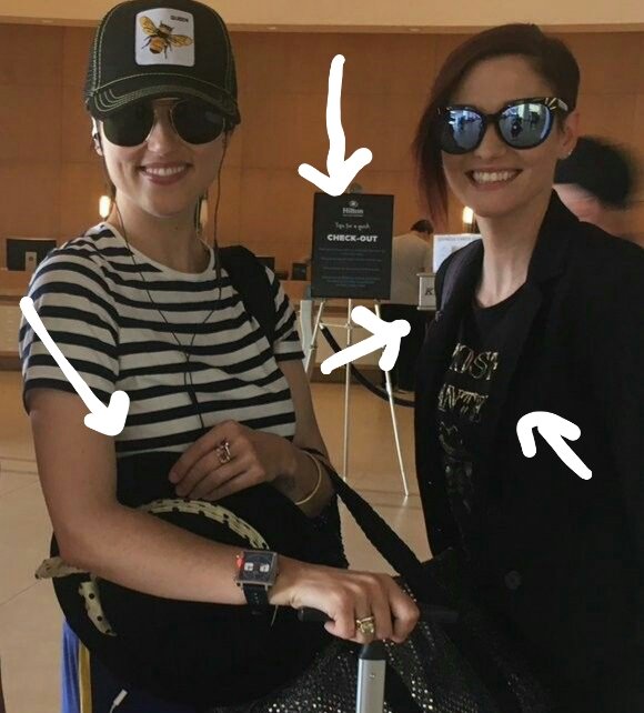 This was taken as they checked out from Novotel Paris, where they were guests for Heroes Assemble, on June 2018- See Chyler's clothes and backpack strap - See Katie holding the hat which she obvs won't wear herself 