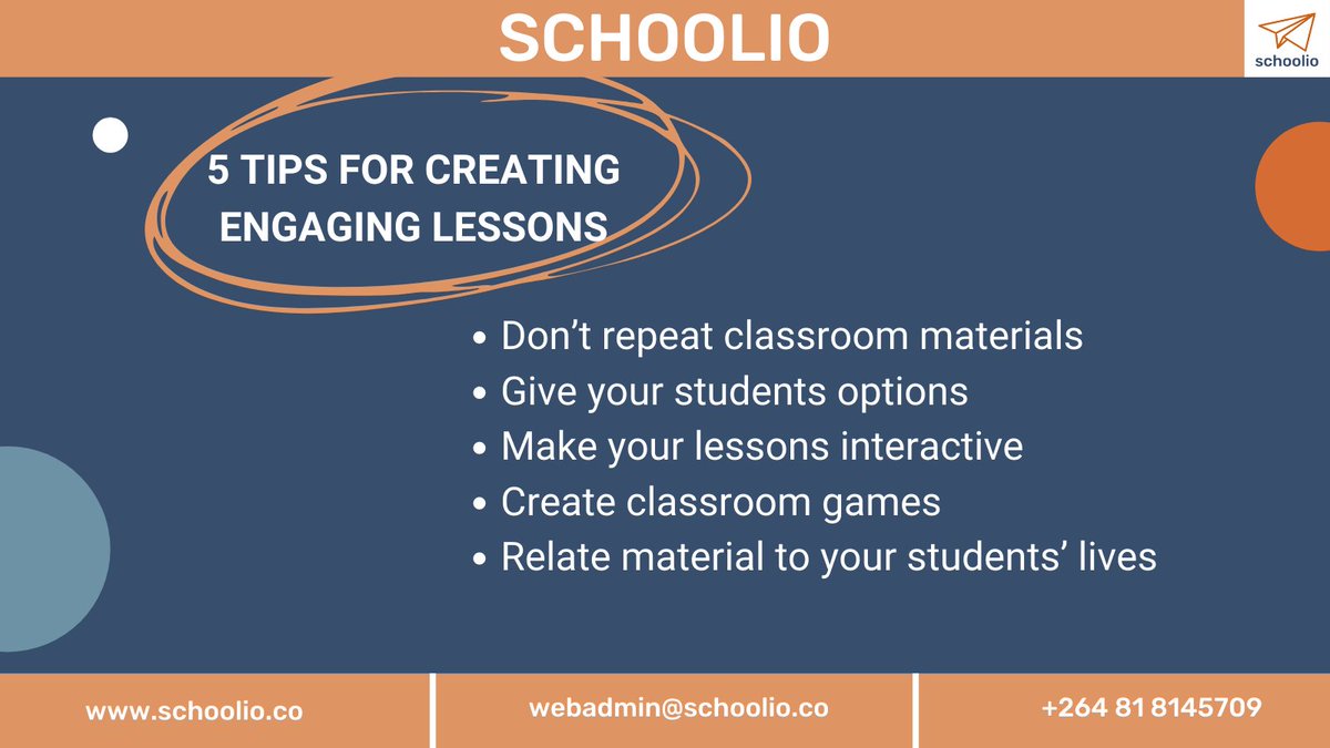 It’s important to keep your students engaged. Follow these tips and your lessons will never be boring.

#Tips #Education #Schoolio #Edtech #Digitallearning

schoolio.co