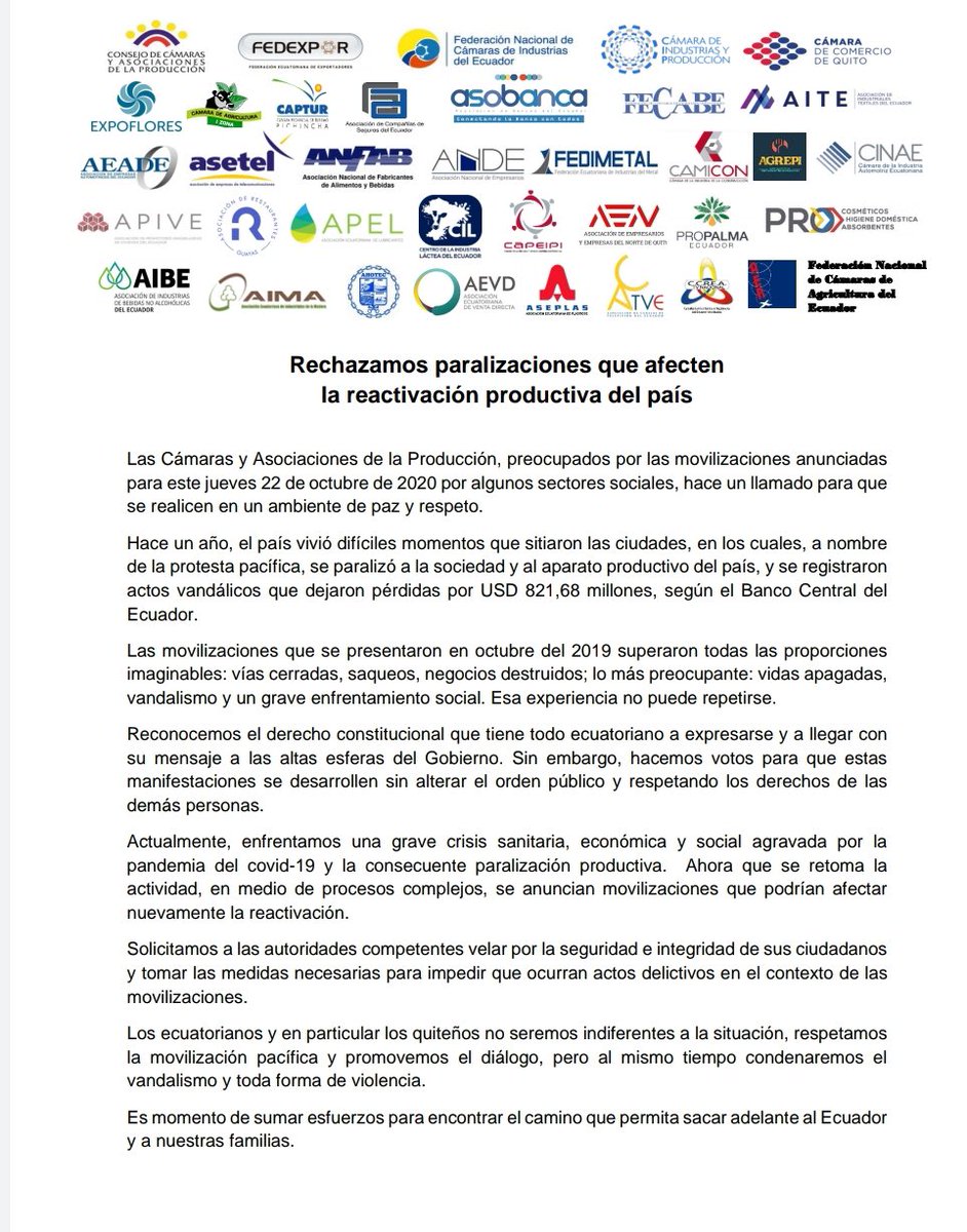 Como Presidenta de la Asociación de Restaurantes comparto nuestro rechazo junto al sector industrial y productivo del país contra a las paralizaciones y cualquier intento de dividir y separar más al 🇪🇨 @ECRestaurantes <a href="/AHOTEC_Ecuador/">AHOTEC-Ecuador</a>