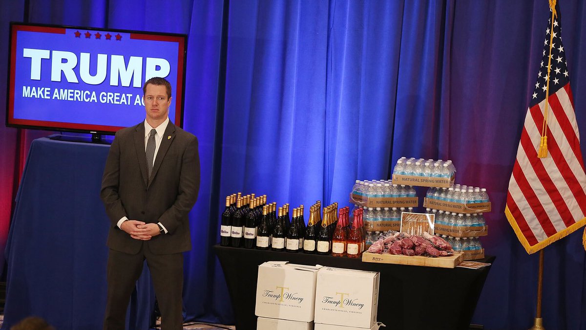 Here’s a big pile of supposed Donald Trump-branded products. The steaks still had the wrappers from the supermarket on them. His team was literally too lazy to take them off