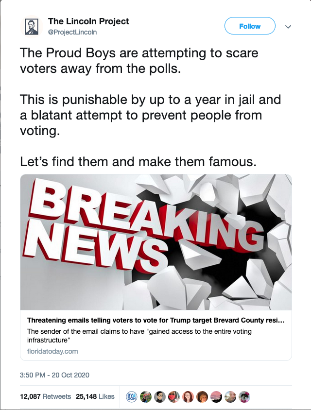 The Never Trump "Lincoln Project" fell for the Iranian disinfo about the Proud Boys, and called for them to be doxxed and jailed. They deleted the tweet now after the FBI's press conference, but it's archived here: https://t.co/TpaQT4iHyX https://t.co/KSpNfcNxSk