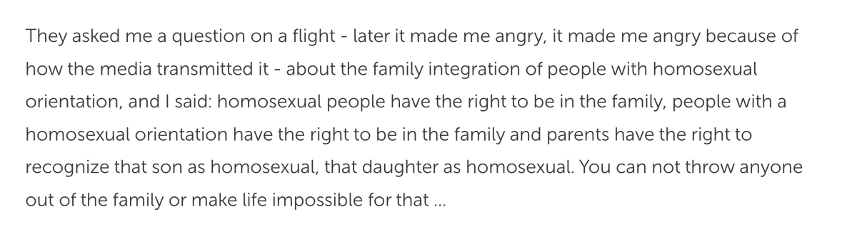 1. The interview from which the film clips of Pope Francis are in the news today is actually from Late May/June 2019. ()2. The first clip, when speaking of a "right to a family," very clearly means that parents shouldn't disown their gay children. 1/5