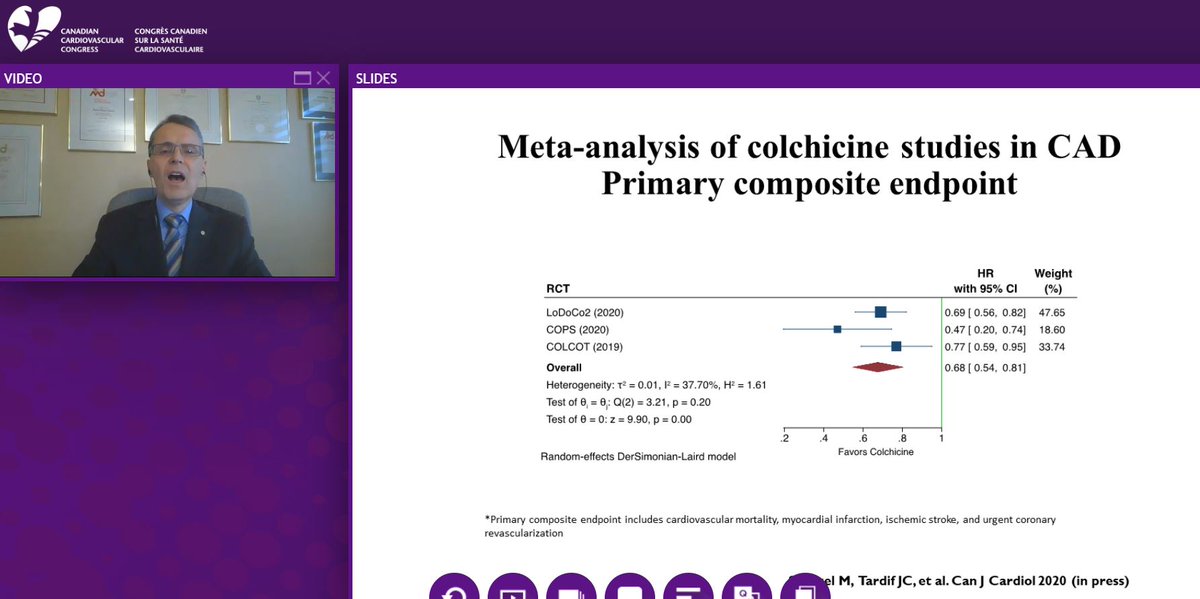 Dr  @jctardif_mhi discusses  #COLCOT and updated meta-analysis of  #colchicine in CAD.  #CCCongress  #CCC2020  @SCC_CCS