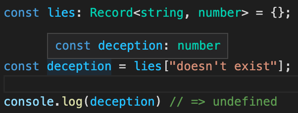 DevGuideDaily's tweet image. Lies and deception with #TypeScript 😄
Be careful with the 𝗥𝗲𝗰𝗼𝗿𝗱 type, because the value can be 𝘂𝗻𝗱𝗲𝗳𝗶𝗻𝗲𝗱 at runtime 😱 
#100DaysOfCode #programming #CodeNewbies