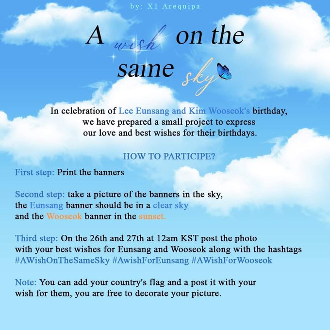 KWSFanUnion's tweet photo. βοΈA wish on the same sky projectβοΈ
To celebrate @KWS_official_ and @LES_BNM 's birthday, we are joining the project. Please see the images below for details. Please join us and show how much they are getting lovedβ€
#AWishOnTheSameSky
#AWishForWooseok
#AWishForEunsang https://t.co/2iWc3mEXHF