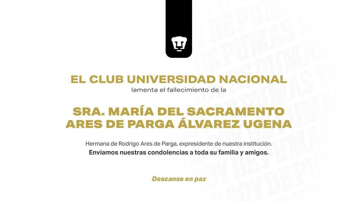 El Club Universidad lamenta la pérdida de la Sra. María del Sacramento Ares de Parga, hermana de nuestro expresidente Rodrigo Ares de Parga. Deseamos una pronta resignación a toda su familia.
#SoyDePumas https://t.co/PGKMGtqFK1