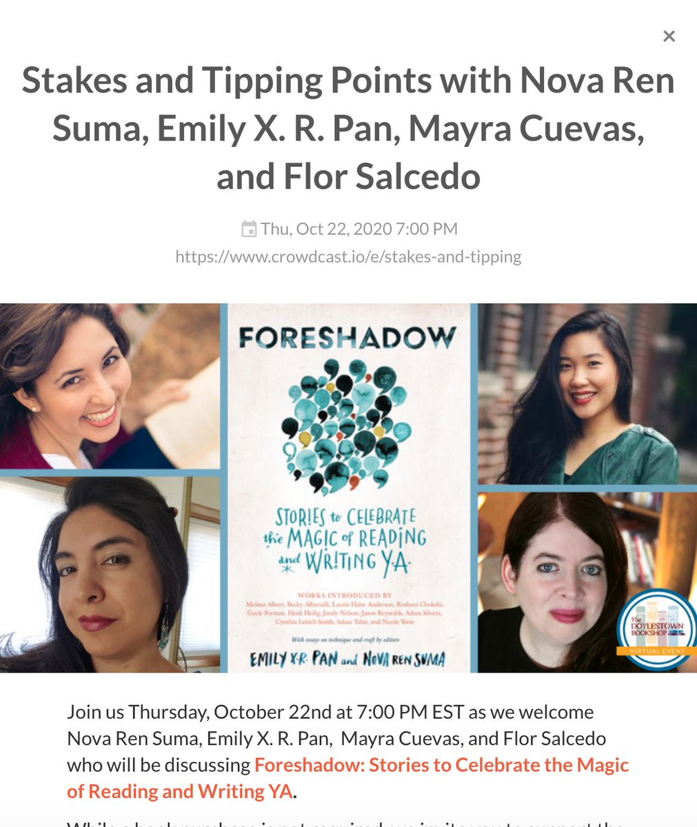 foreshadowYA's tweet photo. Tomorrow/Thurs., Oct. 22 at 7pm EDT there's a FORESHADOW event featuring @exrpan &amp; @novaren in conversation with @MayraECuevas &amp; @FlorSPower about story craft, creativity, &amp; more. 

Writers, you are invited!

RSVP on Crowdcast here: https://t.co/VHr3sbUXvT https://t.co/7eZTNxLoF5