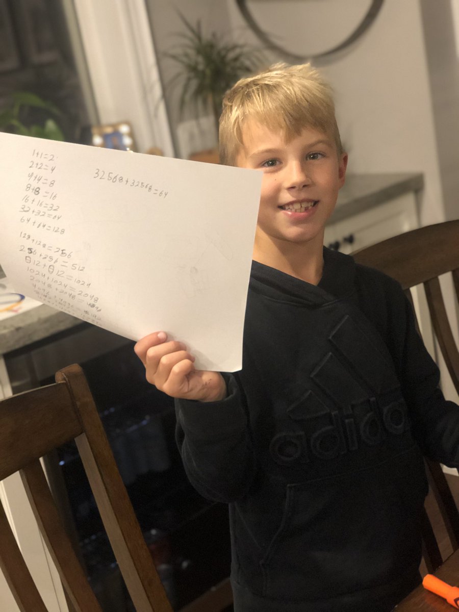 mallorymilton's tweet photo. This little nugget was listening to mom talk math with lots of @dsbn teachers for AQ. He wanted in on the action. Wondering how long it will take to get to a million?! Currently at 32568 #doubling #mathisfun #bedtimenow https://t.co/VtWFhMTCKk