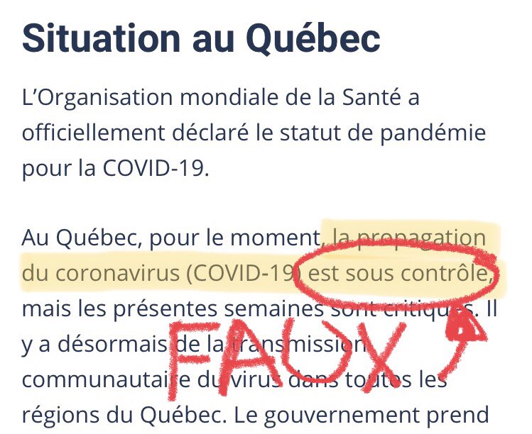 Le gouvernement indique que l’épidémie est présentement sous contrôle au Québec.Cette affirmation est étonnante et prématurée.Le nombre de nouveaux cas est stable, mais les tests ont baissé d’environ 15% en deux semaines.Ça suggère qu’on en échappe. /1 https://www.quebec.ca/sante/problemes-de-sante/a-z/coronavirus-2019/situation-coronavirus-quebec/