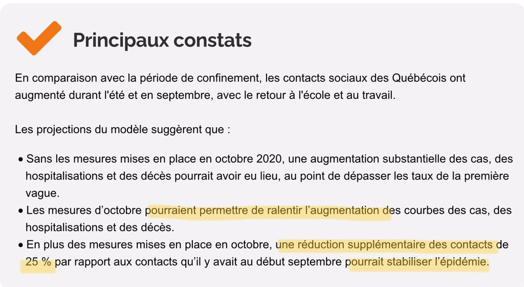 Selon l’INSPQ, qui fournit les prévisions au gouvernement, l’épidémie n’est pas stabilisée.Les mesures d’octobre «pourraient permettre de ralentir» les hausses.Une autre baisse des contacts «pourrait stabiliser l’épidémie».On a vu plus catégorique. /2 https://mobile.inspq.qc.ca/covid-19/donnees/projections/16-octobre