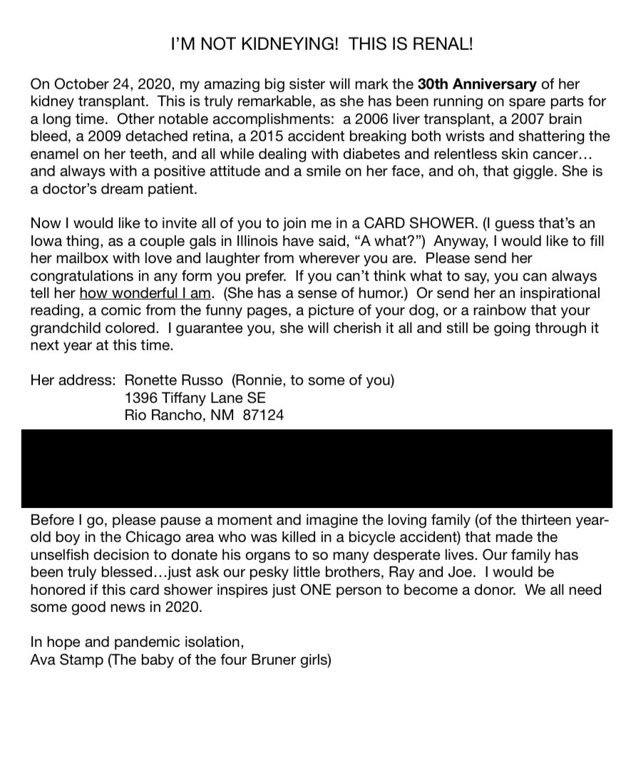 SheaInIowa's tweet image. My mom has organized a card shower for her sister, my 77 year old aunt Ronette. If you’d like to join in on the fun, even if you don’t know her, it’s not too late! It would mean the world to her. The cards have already started to roll in and she looks out for the mailman daily.