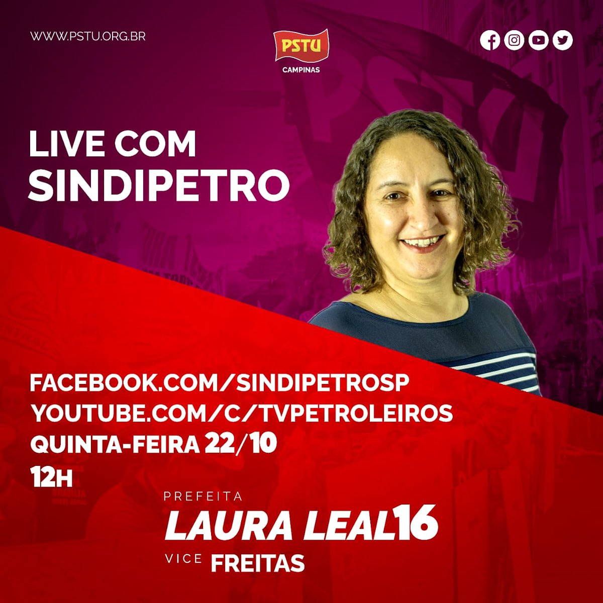 laura_pstu's tweet photo. Amanhã estarei participando de uma live do Sindipetro SP, Sindicato dos Petroleiros. Acompanhe a transmissão e  conheça um pouco mais sobre o nosso programa e nossa proposta de uma #AlternativaSocialista para Campinas e para o Brasil!
#live #eleicoes2020 #tocomlaura16 https://t.co/JTwpeWrSOn