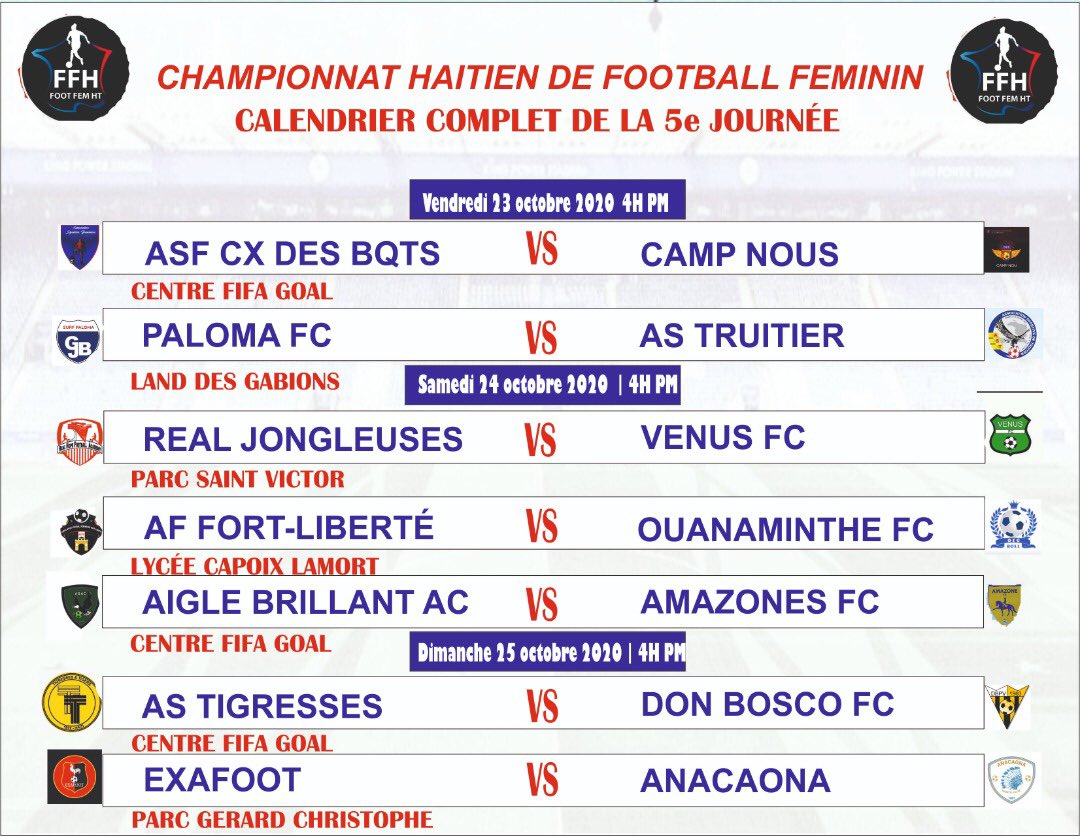 footfemht's tweet photo. Voici le calendrier complet de la 5e journée du Championnat Haïtien de Football Féminin ! 

Plusieurs matchs alléchants seront au programme de ce week-end à Croix-des-Bouquets, au Cap-Haïtien et à Léogâne.

#CHFF #WouleBoulLaMedam https://t.co/fPaeU3RaRI