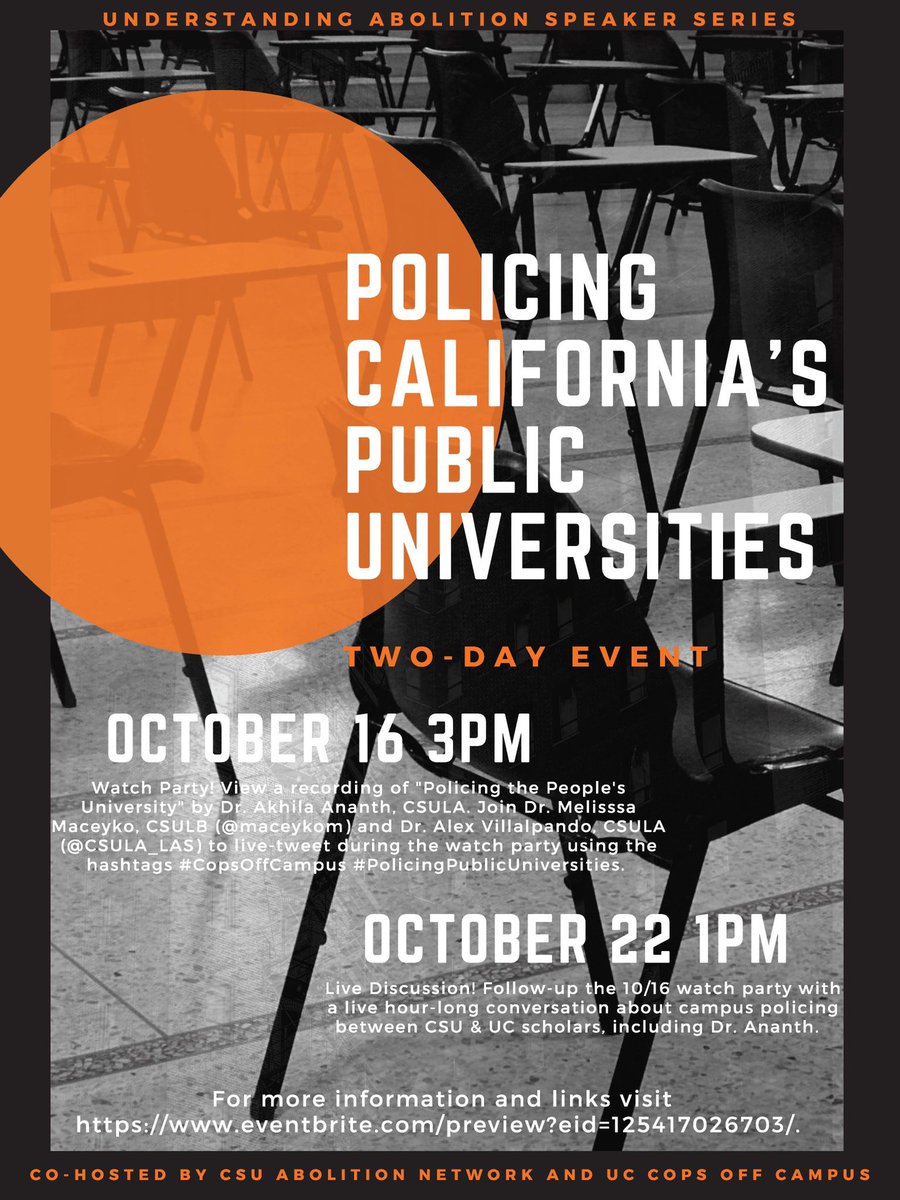 Join CSU &amp; UC faculty tomorrow 10/22 at 1pm discussing campus policing! #CopsOffCampus #PolicingPublicUniversities <a href="/ucftp/">Cops Off Campus UC</a> For further information check out the registration link: 
eventbrite.com/e/policing-cal…
