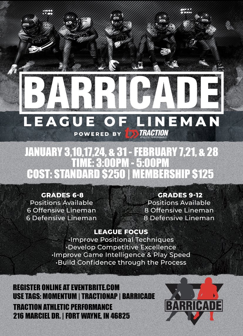 TractionAp's tweet photo. The Great Announcement!
We are EXCITED to bring to you an official league for lineman only!
Limited Spots!
Link available 10.24.2020
#Barricade #LinemanDevelopment
#Competition #TheTrenches https://t.co/i0Ch9W56zf