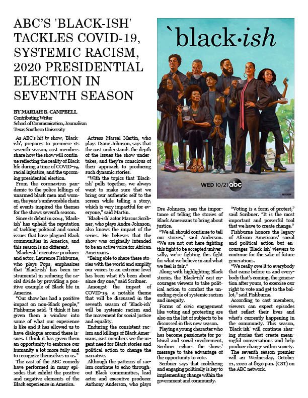 Texas Southern University School of Communication journalism major, Mariah Campbell, participated in a roundtable discussion with the stars of 'Black-ish'. Read the entire story at soc.tsu.edu