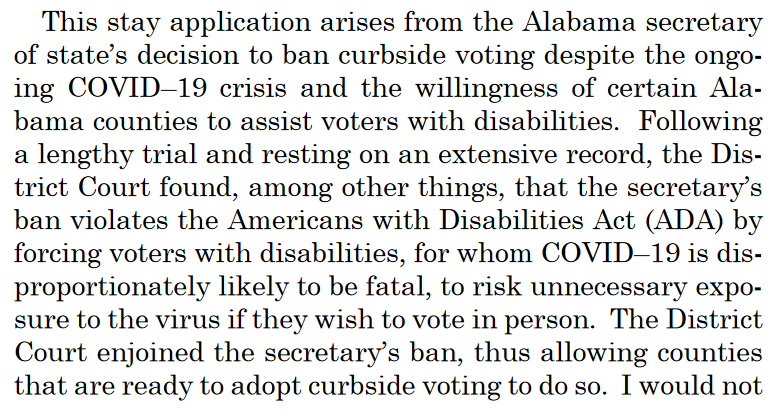 The District Court found that the ban on curbside voting, forcing people with disabilities that make them uniquely vulnerable to risk exposure to COVID if they want to vote, violated the American with Disabilities Act