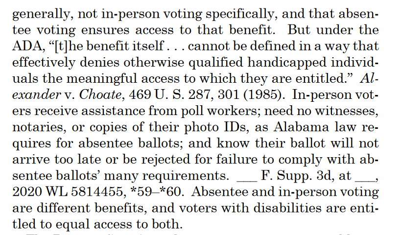 Alabama's extremely cumbersome vote-by-mail system is plainly not in itself an adequate accommodation under the ADA: