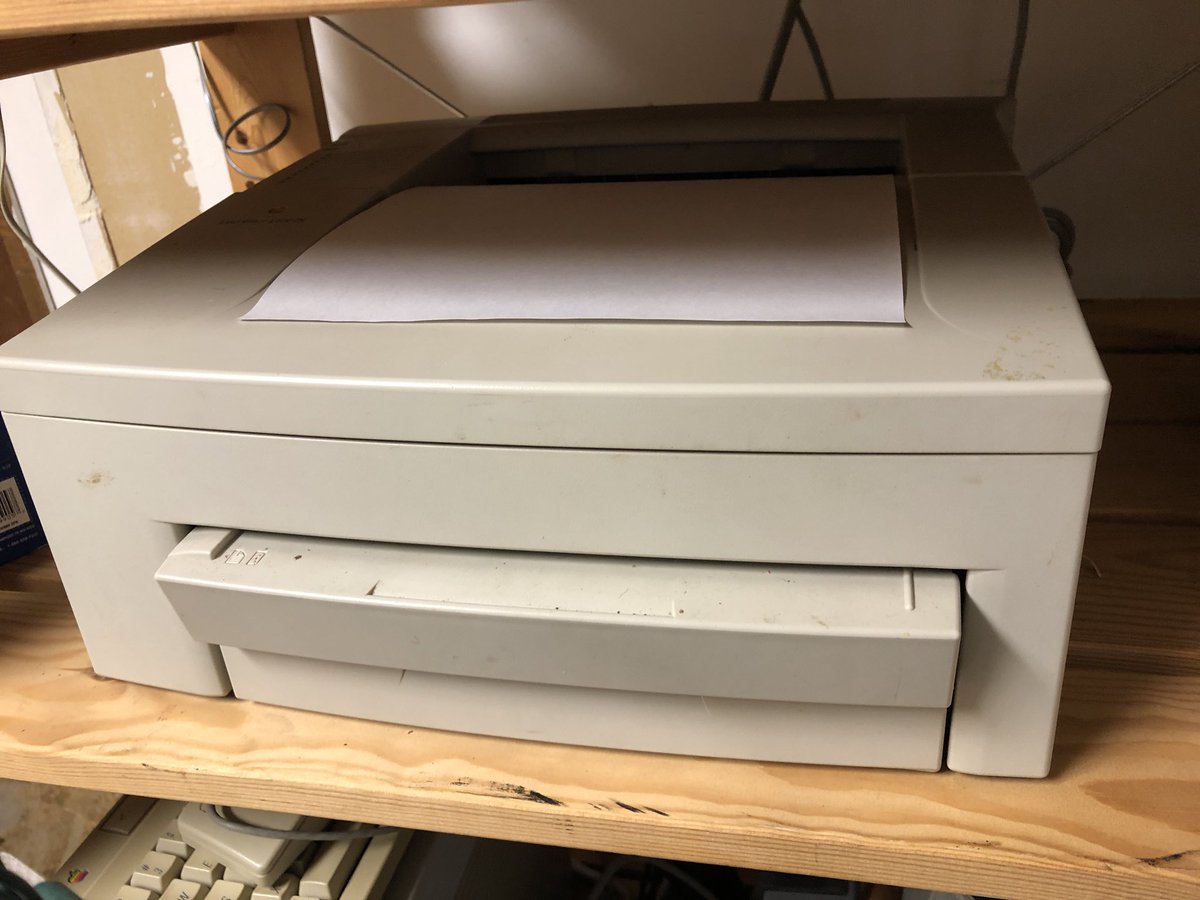 joshburker's tweet photo. Well, the #LaserWriter 4/600 still works after being out of use for, oh, too many years to remember. Printed a document from #SuperPaint. #retroComputing #desktopPublishing #Macintosh #Mac https://t.co/aX8SntOJ9g