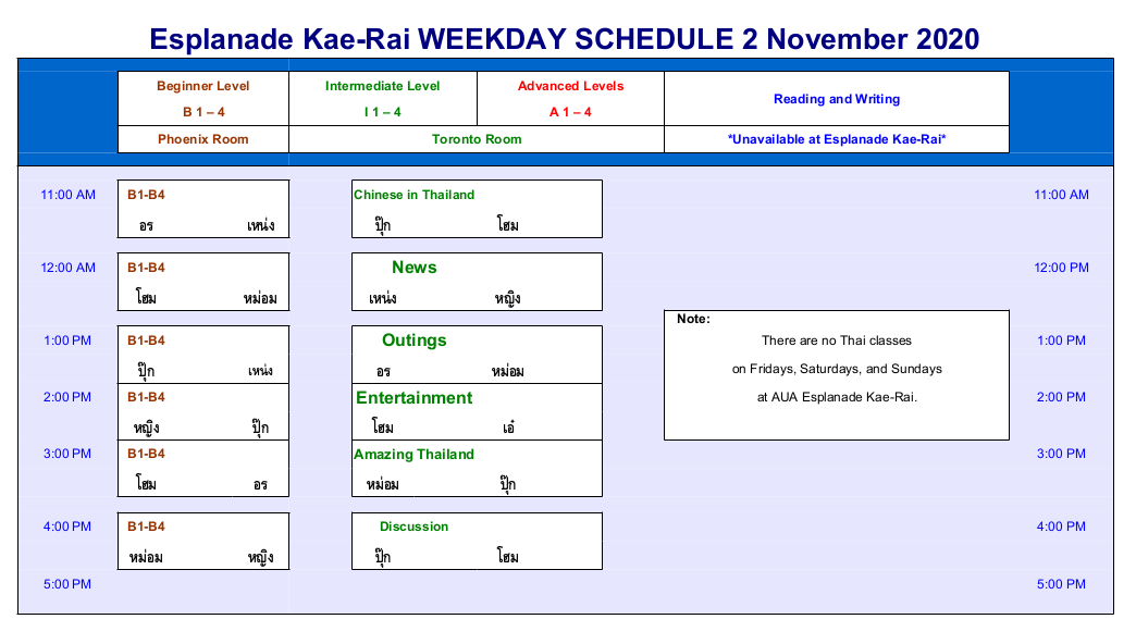 auathai's tweet photo. It's almost time for another Thai Studies term! Check out our new class schedule, starting November 2nd.

Please note that classes will continue at AUA Esplanade Kae-rai. See you there!

#education #students #thai #thailanguage #naturallanguage #languageacquisition https://t.co/lbDhKUAPKW
