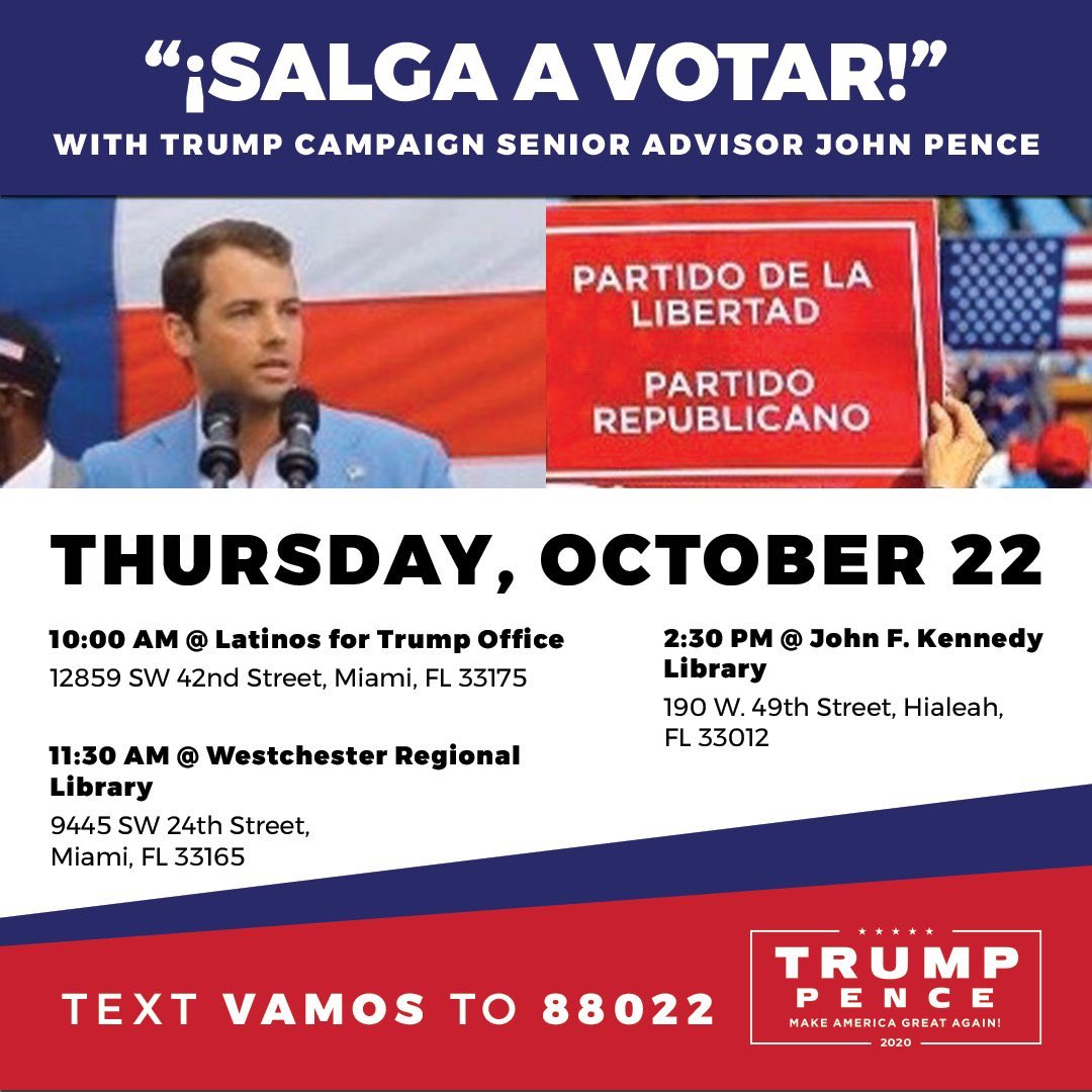 jepence's tweet photo. 🇺🇸TOMORROW, MIAMI🇺🇸
I’ll join @FloridaGOP as they VOTE #TrumpPence2020
📍Kendall @ 10am
@SenMannyDiazJr
📍Westchester @ 11:30am
@MaElviraSalazar @Daniel_PerezFL
@KatrinaCampins @AlexRizofor110
📍Hialeah @ 2:30pm
Rep. @marioDB @SenMannyDiazJr
@MariliCancio
¡Salga a votar! https://t.co/KcNQzN3iuM