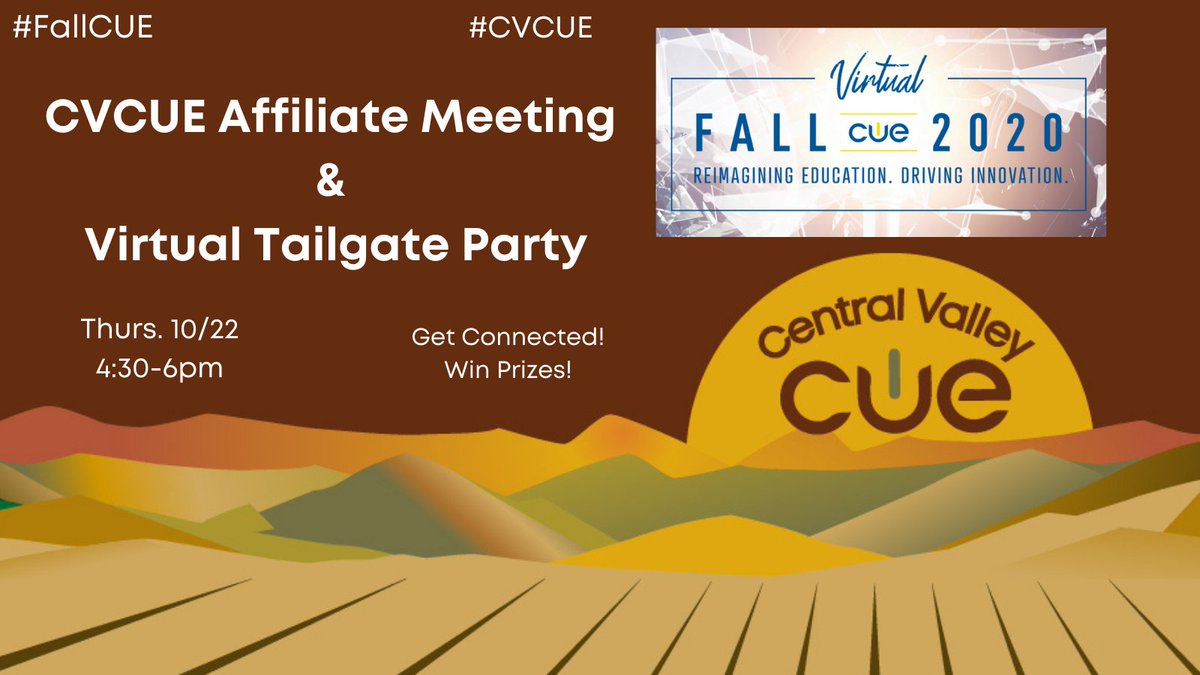 cvcue's tweet photo. #FallCUE is tomorrow! Central Valley educators please join us for our CVCUE Affiliate Meeting and Virtual Tailgate Party from 4:30-6pm on 10/22!
Get Connected!
Win Prizes!
Register Below!
#FallInTogetherNow
#SomosCUE #WeAreCUE
https://t.co/9CUQu23fnO https://t.co/HgBDzwi17Y