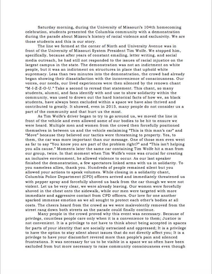 One of the group's demands was the resignation of the school dean, Tim Wolfe. Here's a look at the letter ConcernedStudent 1950 issued after forcibly blocking Wolfe's car, including allowing themselves to be hit by the vehicle when the driver tried to get away from the mob.