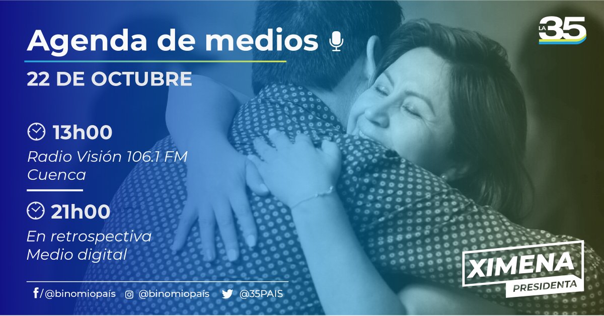 Ximena Peña, candidata a presidenta del Ecuador; mañana 13h00 en entrevista para <a href="/radialvision/">Radio Visión 106.1FM</a> 106.1 FM Cuenca y a las 21h00 @enretrospctiva. Te invitamos a escuchar estas interesantes entrevistas!
#BinomioAP #SomosLa35