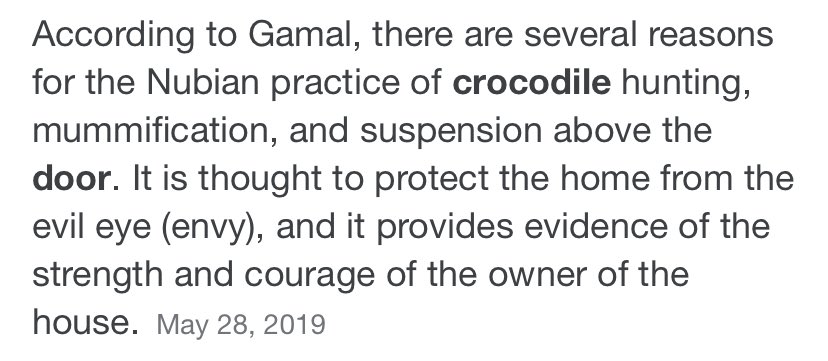 The main reason though dates back to Egypt where the practice of hanging a mummified or stuffed crocodile over your doorway is still practiced today by Egypt’s Nubians, who cherish these animals.More on the Nubian and their connection with crocodiles: https://www.google.com/amp/s/www...