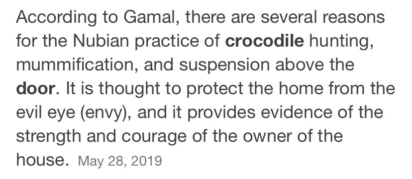 The main reason though dates back to Egypt where the practice of hanging a mummified or stuffed crocodile over your doorway is still practiced today by Egypt’s Nubians, who cherish these animals.More on the Nubian and their connection with crocodiles: https://www.google.com/amp/s/www.timesofisrael.com/egypts-nubians-tame-crocodiles-for-selfie-snapping-tourists/amp/