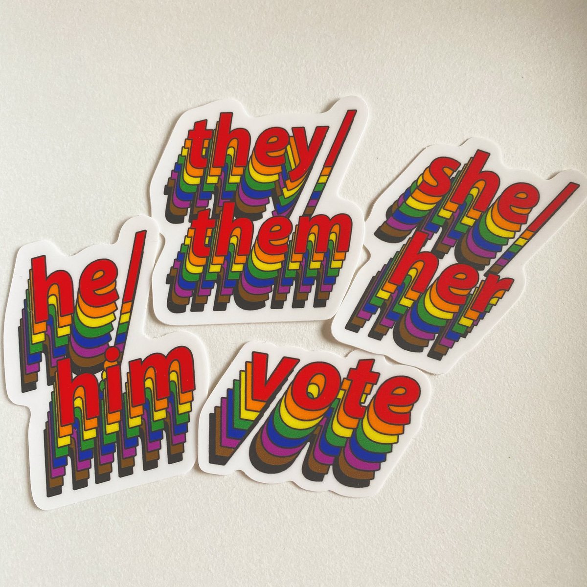 I recently created stickers of different pronouns for people to wear and share. And I included a vote sticker in this batch too! Both issues are different but very important to me year round - especially in such an important time for the LGBTQ community. 