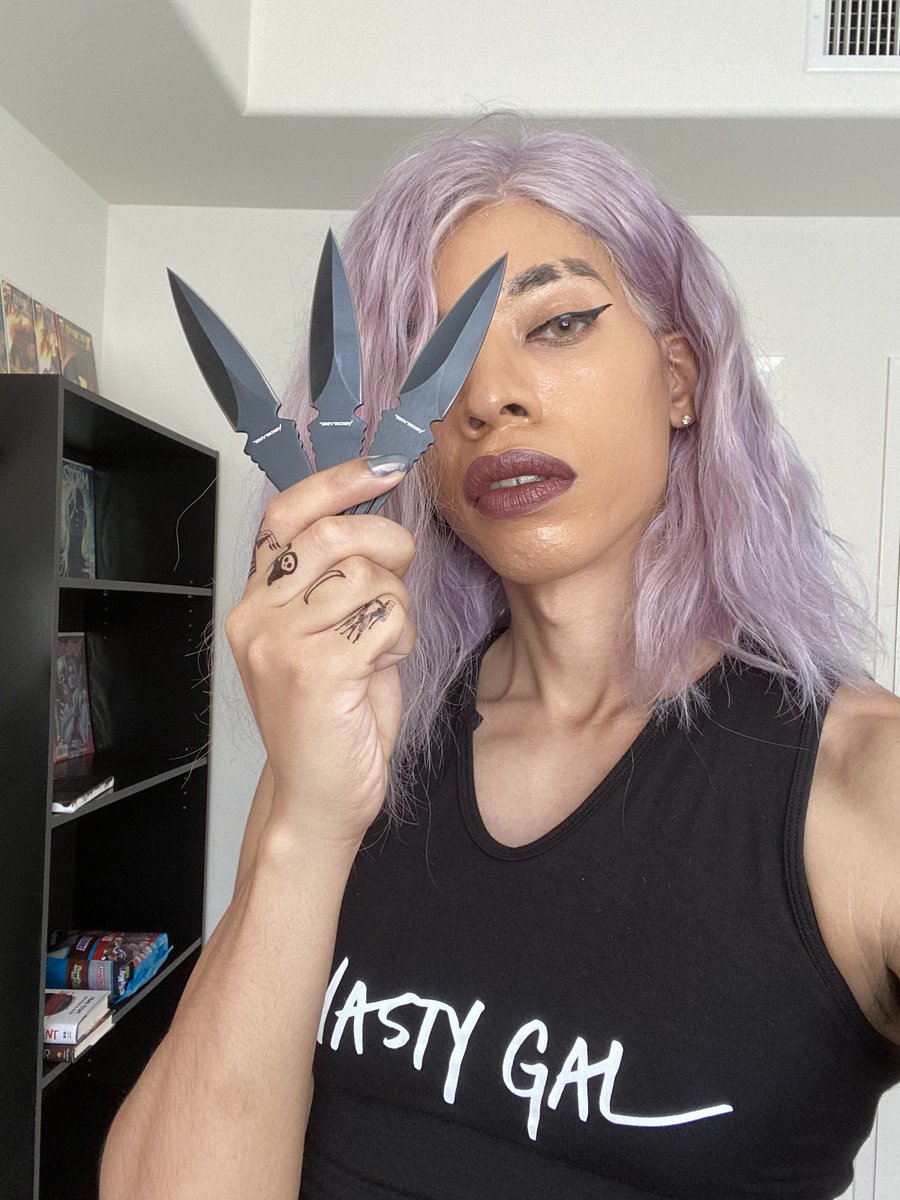 I call these my ‘Deadly Kisses’. Stainless steel double bladed throwing knives. Perfectly balanced and lightweight enough to carry attached to a belt, a harness, or strapped to my thigh. Perfect for when you need to put someone down from a distance.