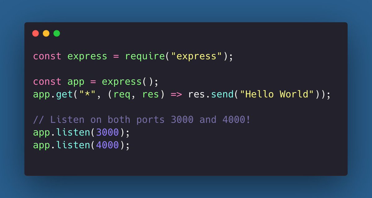 DevGuideDaily's tweet image. #NodeJS tip 😊 
Did you know that you can listen to 𝗺𝗼𝗿𝗲 𝘁𝗵𝗮𝗻 𝗼𝗻𝗲 𝗽𝗼𝗿𝘁 with 𝗲𝘅𝗽𝗿𝗲𝘀𝘀? 😎 
#100DaysOfCode #programming #CodeNewbies