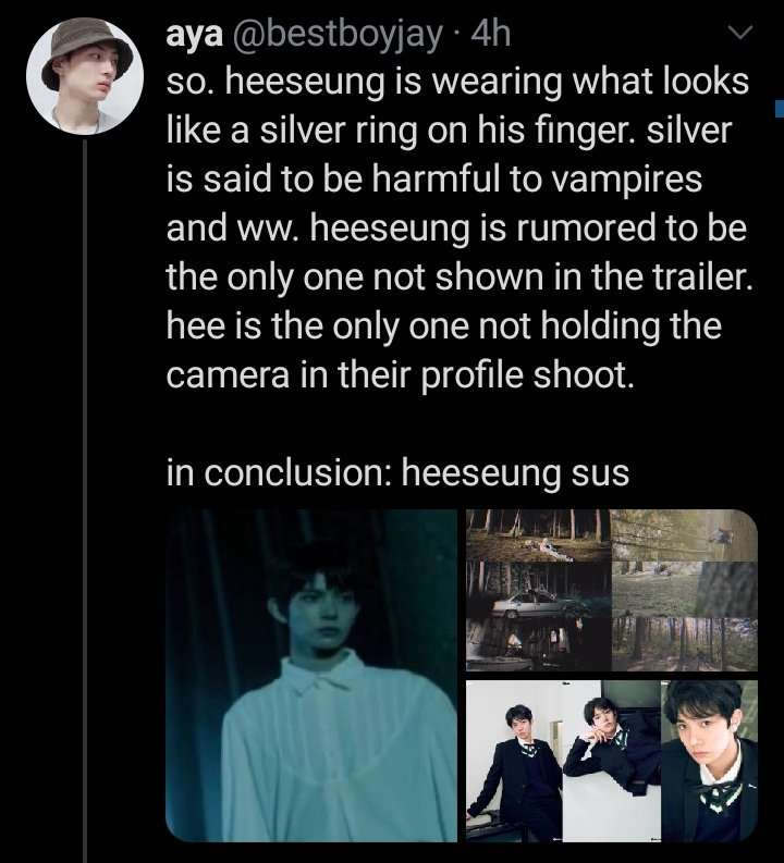 They are all immortals/vampires except for Heeseung. You can see in the picture that Heeseung is wearing a silver ring. Silver ring is said to be harmful to vampires and it also protects a mortal from vampires. [crdts:  @bestboyjay]
