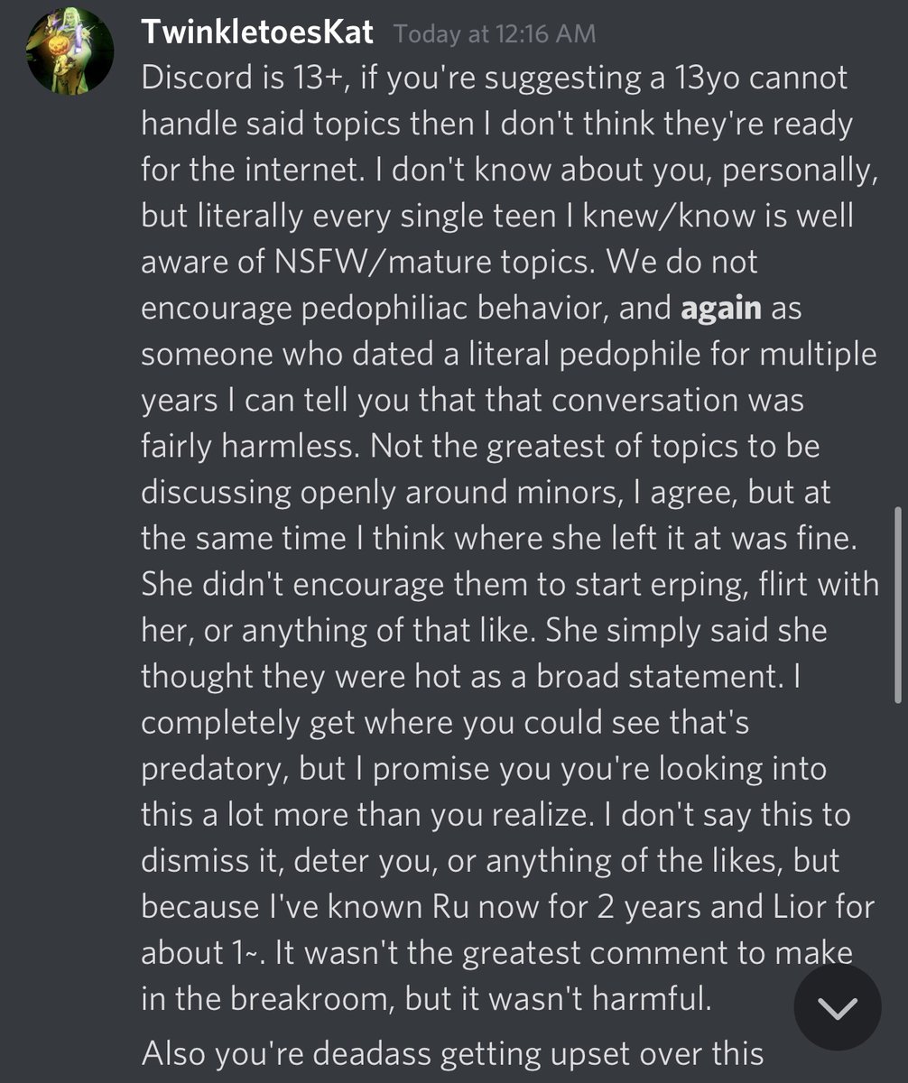 Staff member Kat stating that any minor should be normalized for the behaviors of NSFW topics. (Also adding a confirmation of her being staff)