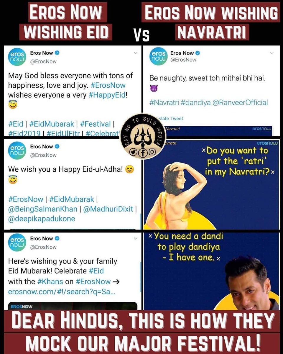 SanatanPrabhat's tweet image. #BoycottErosNow 

Such tweets from #Hinduphobic @ErosNow cannot be withstood at any cost.

Such obnoxious tweets are totally unacceptable in a civilized society, upon that they mock Hinduism &amp;amp; its glorious festivals.

Request @MIB_India to take cognizance.

@RadharamnDas