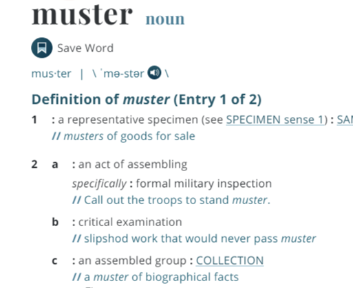 While “muster” can be used as a military term - the fact is that this was not a military event or “inspection.” Should any unbiased individual review the event in context, it is clear that this was a gathering, which is considered a readily used definition of the word “muster.”