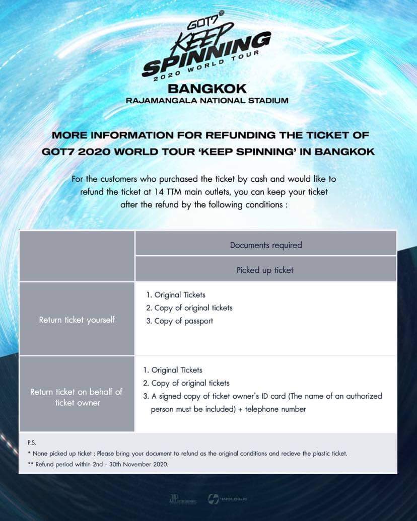 ประกาศเพิ่มเติมสำหรับการคืนเงินคอนเสิร์ต GOT7 2020 WORLD TOUR ‘KEEP SPINNING’ IN BANGKOK

ตรวจสอบ TTM 14 สาขาหลักได้ที่ : corporate.thaiticketmajor.com/outlet-locatio…

#GOT7 #GOT7_WORLDTOUR
#GOT7_KEEPSPINNING
#GOT7KEEPSPINNINGinBKK
#JYP #JYPTH
#4NOLOGUE