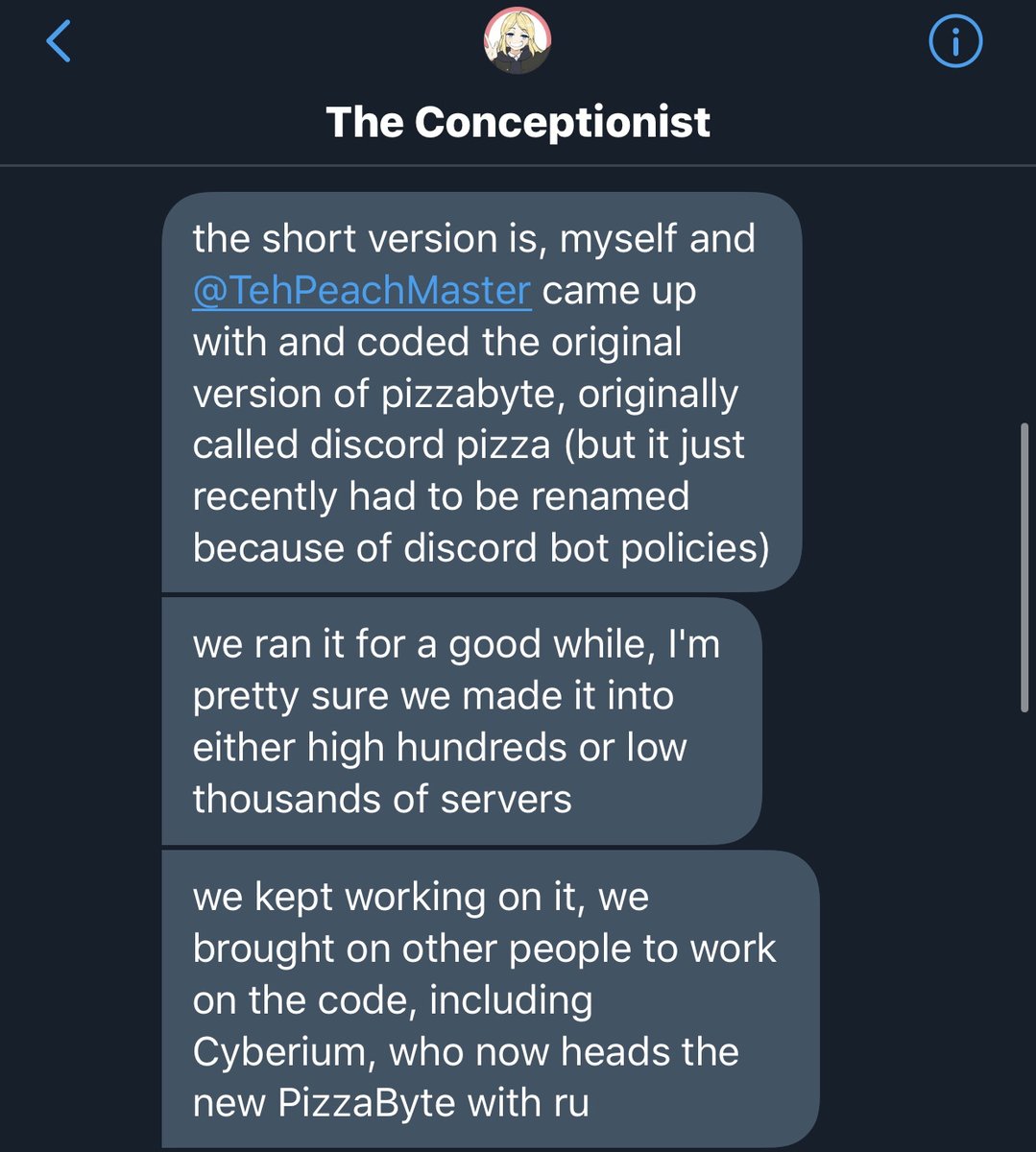 I want to add that the new Pizza Byte creators have admittedly stolen the previous owner's codes (Concept and Peachmaster). Since then they have taken out the credit for them both, and have refused to give them roles and such.