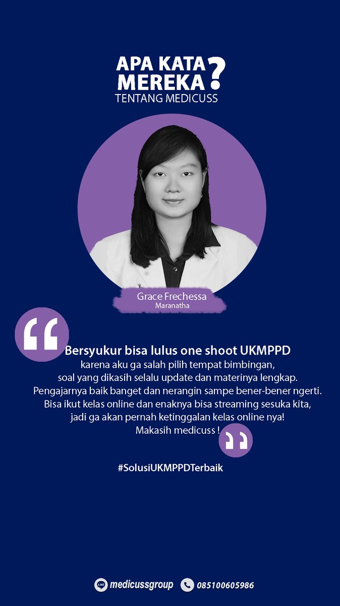 APA KATA ALUMNI Tentang Medicuss?? 
Terimakasih kak <a href="/grs_frechessa/">Grace Frechessa</a> sudah memilih Medicuss sebagai tempat bimbingan untuk UKMPPD. 
#solusikumedicuss #UKMPPD #Kedokteran #medicussgroup